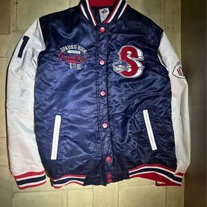 SP Collection 'Spades High' Satin Varsity Bomber Jacket Blue White Mens size XXL